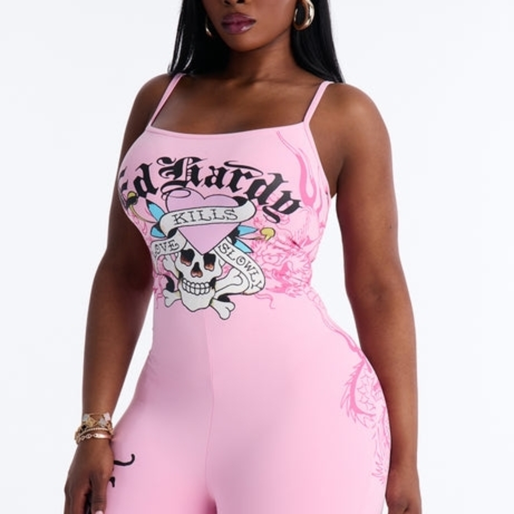Ed Hardy Pink Skull Graphic Sleeveless Romper - Picture 6 of 12